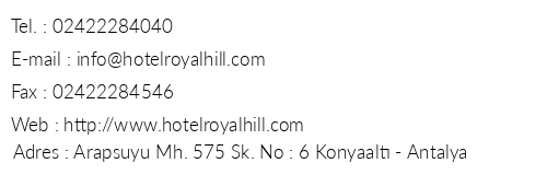Hotel Royal Hill telefon numaralar, faks, e-mail, posta adresi ve iletiim bilgileri
